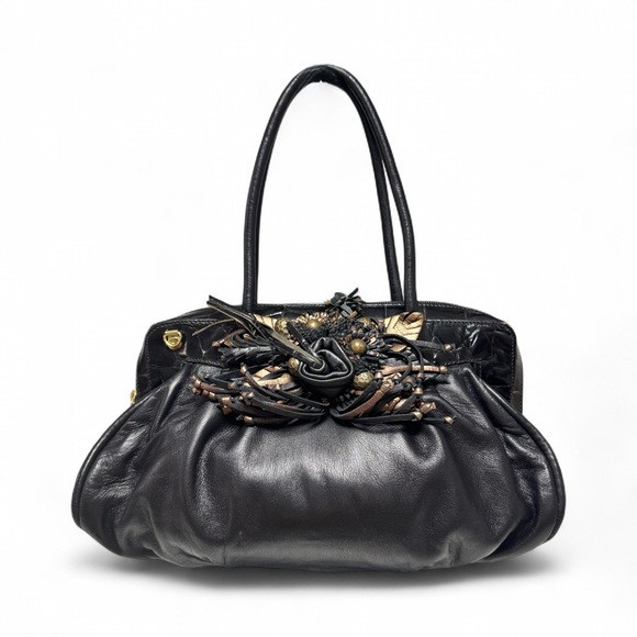 BRACCIALINI BLACK LEATHER BAG WITH FLORAL EMBELLISHMENT WOMAN - Picture 2 of 11